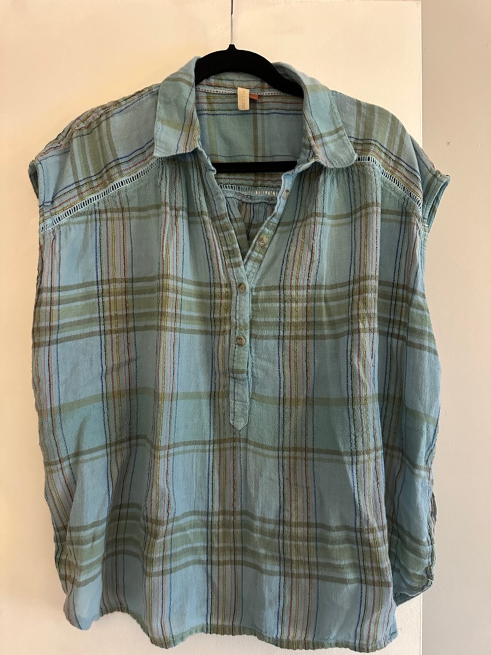 Pilcro Light Blue and Olive Plaid Short Sleeve Popover Blouse